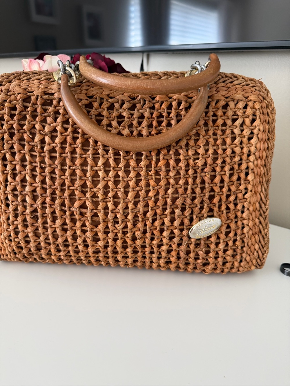 Woven Straw Top-Handle Bag in Tan